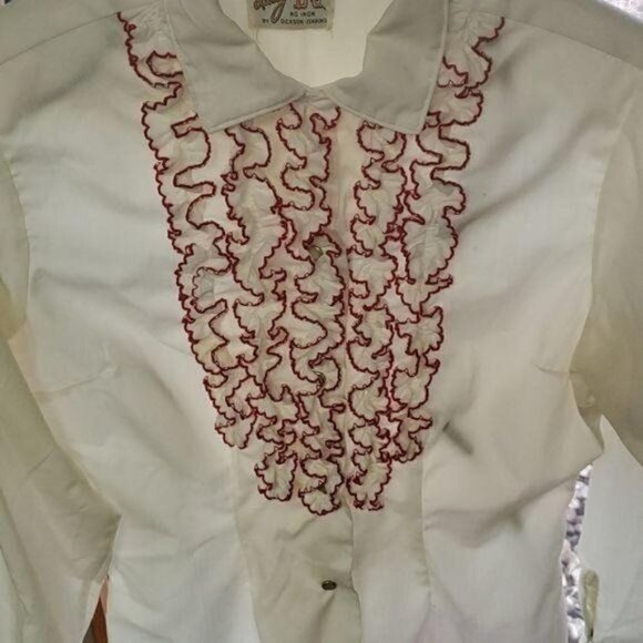 Lady DJ Vintage Soft Ivory with Ruffled Red Front Long Snap Sleeve Sz 32 Blouse - Picture 3 of 12